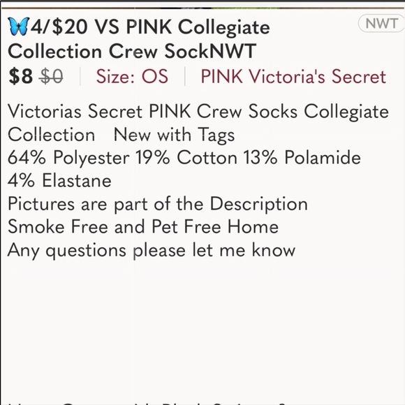🦋4/$20 VS PINK Collegiate Collection Crew SockNWT - Picture 3 of 3